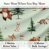 Bear Bunny Squirrel Trees Mushrooms Butterfly Soft Sage  Seamless Pattern Digital Print Fabric by the Metre UK Sewing Quilting Textile
