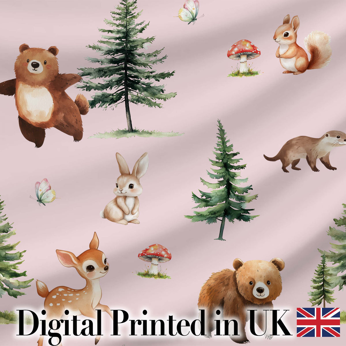 Bear Bunny Deer Squirrel Trees Mushrooms Butterfly Soft Pink  Seamless Pattern Digital Print Fabric by the Metre UK Sewing Quilting Textile