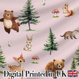 Bear Bunny Deer Squirrel Trees Mushrooms Butterfly Soft Pink  Seamless Pattern Digital Print Fabric by the Metre UK Sewing Quilting Textile