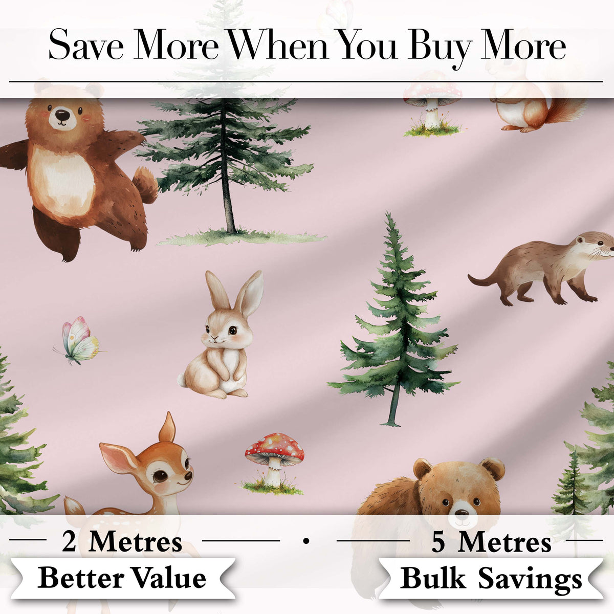 Bear Bunny Deer Squirrel Trees Mushrooms Butterfly Soft Pink  Seamless Pattern Digital Print Fabric by the Metre UK Sewing Quilting Textile