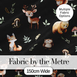 Woodland Deer Bear Fox Owl Raccoon Leaves Mushrooms Black  Seamless Pattern Digital Print Fabric by the Metre UK Sewing Quilting Textile