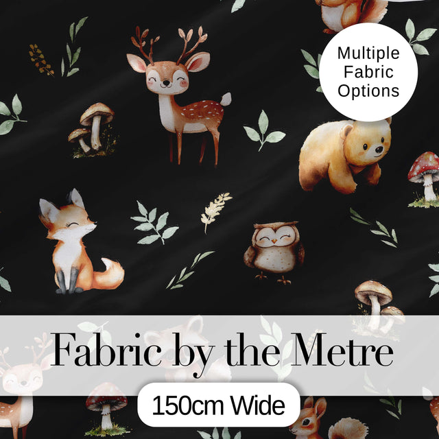 Woodland Deer Bear Fox Owl Raccoon Leaves Mushrooms Black  Seamless Pattern Digital Print Fabric by the Metre UK Sewing Quilting Textile