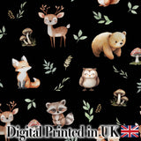 Woodland Deer Bear Fox Owl Raccoon Leaves Mushrooms Black  Seamless Pattern Digital Print Fabric by the Metre UK Sewing Quilting Textile
