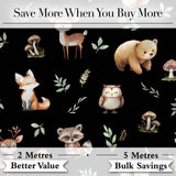 Woodland Deer Bear Fox Owl Raccoon Leaves Mushrooms Black  Seamless Pattern Digital Print Fabric by the Metre UK Sewing Quilting Textile