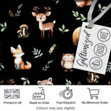 Woodland Deer Bear Fox Owl Raccoon Leaves Mushrooms Black  Seamless Pattern Digital Print Fabric by the Metre UK Sewing Quilting Textile