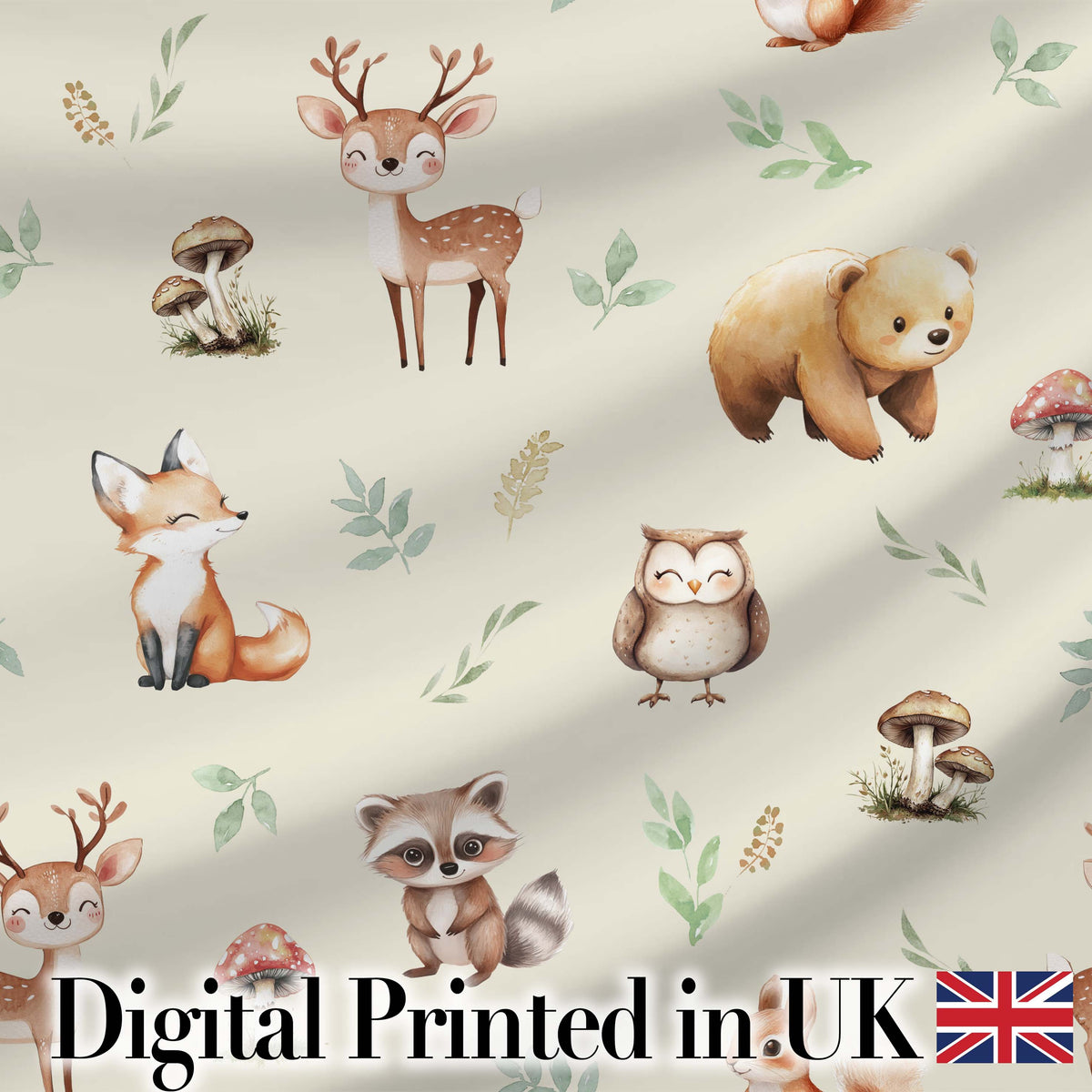 Woodland Deer Bear Fox Owl Raccoon Leaves Mushrooms Cream  Seamless Pattern Digital Print Fabric by the Metre UK Sewing Quilting Textile