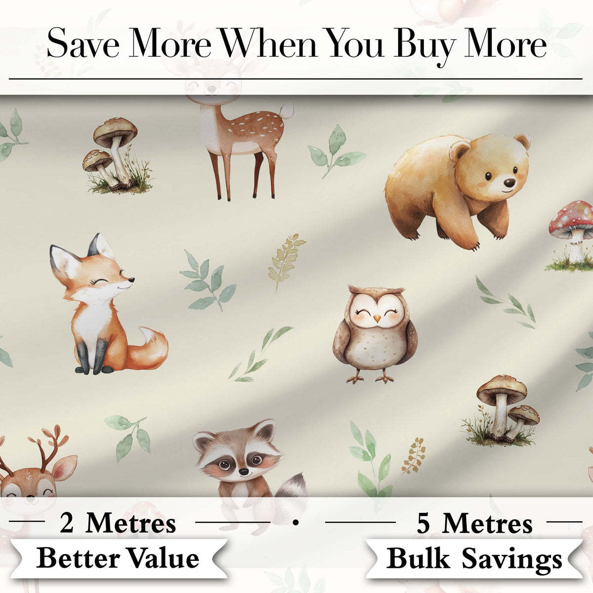 Woodland Deer Bear Fox Owl Raccoon Leaves Mushrooms Cream  Seamless Pattern Digital Print Fabric by the Metre UK Sewing Quilting Textile