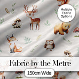 Woodland Deer Bear Fox Owl Raccoon Leaves Mushrooms Light Grey Seamless Pattern Digital Print Fabric by the Metre UK Sewing Quilting Textile