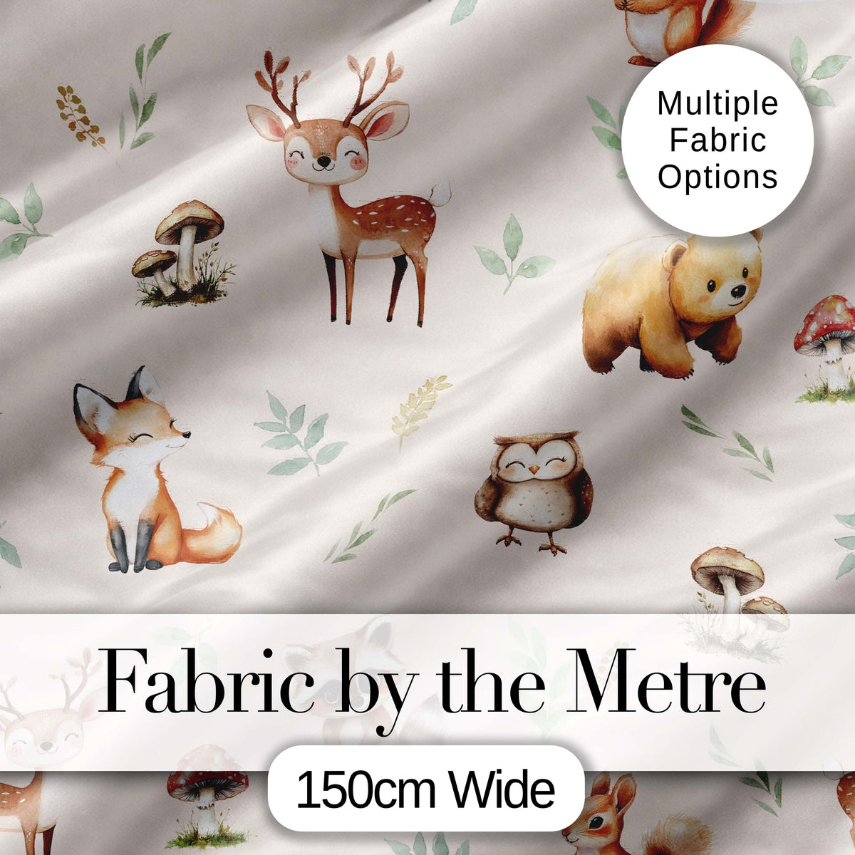 Woodland Deer Bear Fox Owl Raccoon Leaves Mushrooms Neutral  Seamless Pattern Digital Print Fabric by the Metre UK Sewing Quilting Textile