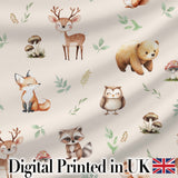 Woodland Deer Bear Fox Owl Raccoon Leaves Mushrooms Neutral  Seamless Pattern Digital Print Fabric by the Metre UK Sewing Quilting Textile