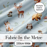 Woodland Deer Bear Fox Owl Raccoon Leaves Mushrooms Blue  Seamless Pattern Digital Print Fabric by the Metre UK Sewing Quilting Textile