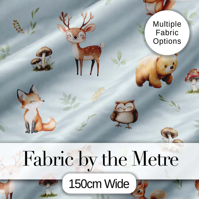 Woodland Deer Bear Fox Owl Raccoon Leaves Mushrooms Blue  Seamless Pattern Digital Print Fabric by the Metre UK Sewing Quilting Textile