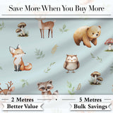 Woodland Deer Bear Fox Owl Raccoon Leaves Mushrooms Blue  Seamless Pattern Digital Print Fabric by the Metre UK Sewing Quilting Textile