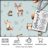 Woodland Deer Bear Fox Owl Raccoon Leaves Mushrooms Blue  Seamless Pattern Digital Print Fabric by the Metre UK Sewing Quilting Textile
