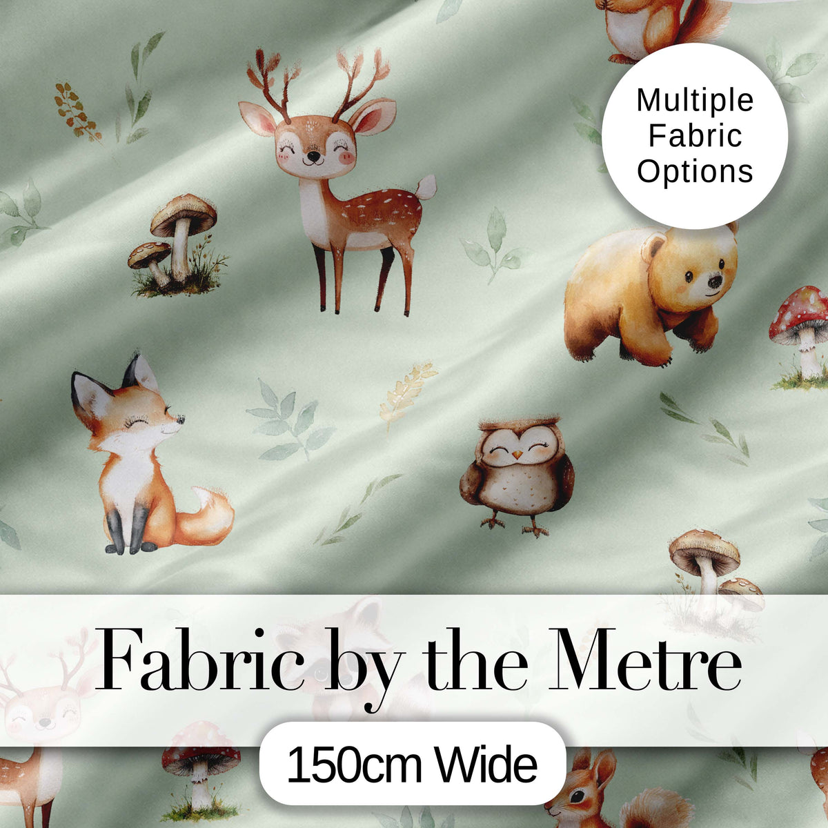 Woodland Deer Bear Fox Owl Raccoon Leaves Mushrooms Sage Green Seamless Pattern Digital Print Fabric by the Metre UK Sewing Quilting Textile