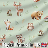 Woodland Deer Bear Fox Owl Raccoon Leaves Mushrooms Sage Green Seamless Pattern Digital Print Fabric by the Metre UK Sewing Quilting Textile