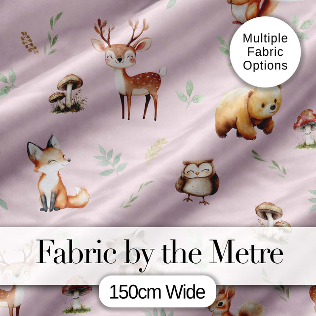 Woodland Deer Bear Fox Owl Raccoon Leaves Mushrooms Soft Pink Seamless Pattern Digital Print Fabric by the Metre UK Sewing Quilting Textile