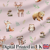 Woodland Deer Bear Fox Owl Raccoon Leaves Mushrooms Soft Pink Seamless Pattern Digital Print Fabric by the Metre UK Sewing Quilting Textile