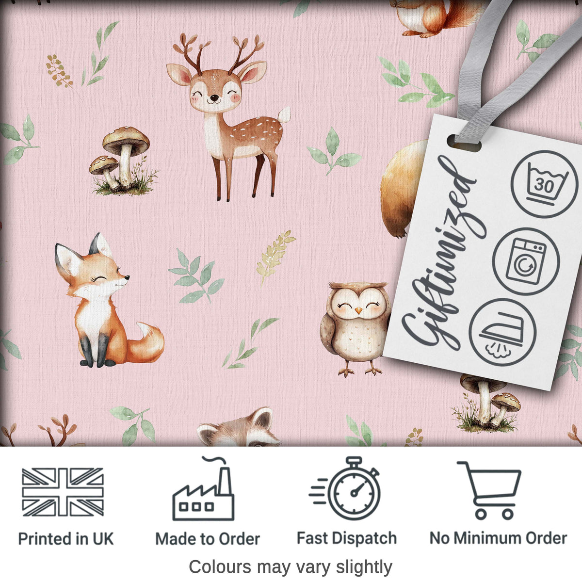 Woodland Deer Bear Fox Owl Raccoon Leaves Mushrooms Soft Pink Seamless Pattern Digital Print Fabric by the Metre UK Sewing Quilting Textile