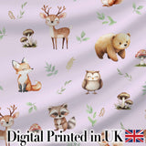 Woodland Deer Bear Fox Owl Raccoon Leaves Mushrooms Lilac  Seamless Pattern Digital Print Fabric by the Metre UK Sewing Quilting Textile