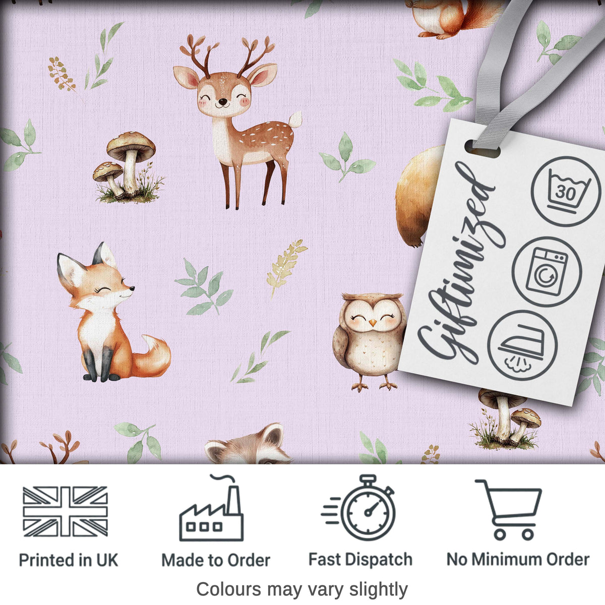 Woodland Deer Bear Fox Owl Raccoon Leaves Mushrooms Lilac  Seamless Pattern Digital Print Fabric by the Metre UK Sewing Quilting Textile