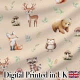Woodland Deer Bear Fox Owl Raccoon Leaves Mushrooms Beige  Seamless Pattern Digital Print Fabric by the Metre UK Sewing Quilting Textile