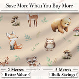 Woodland Deer Bear Fox Owl Raccoon Leaves Mushrooms Beige  Seamless Pattern Digital Print Fabric by the Metre UK Sewing Quilting Textile