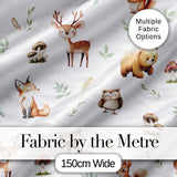 Woodland Deer Bear Fox Owl Raccoon Leaves Mushrooms Light Grey Seamless Pattern Digital Print Fabric by the Metre UK Sewing Quilting Textile