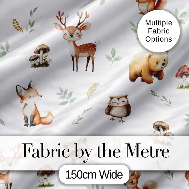 Woodland Deer Bear Fox Owl Raccoon Leaves Mushrooms Light Grey Seamless Pattern Digital Print Fabric by the Metre UK Sewing Quilting Textile