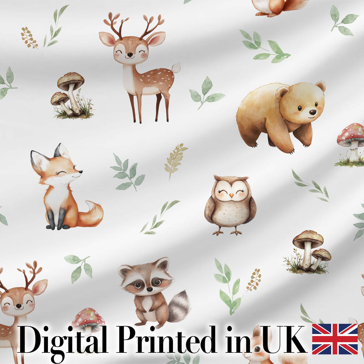 Woodland Deer Bear Fox Owl Raccoon Leaves Mushrooms Light Grey Seamless Pattern Digital Print Fabric by the Metre UK Sewing Quilting Textile