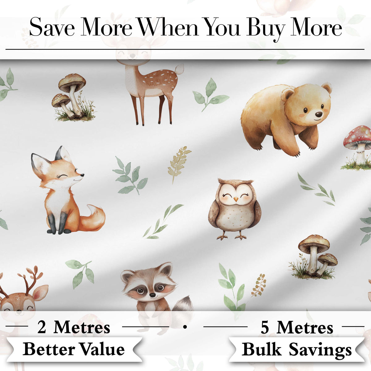 Woodland Deer Bear Fox Owl Raccoon Leaves Mushrooms Light Grey Seamless Pattern Digital Print Fabric by the Metre UK Sewing Quilting Textile