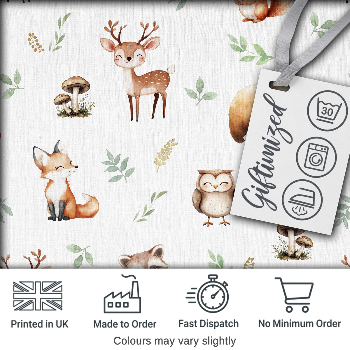 Woodland Deer Bear Fox Owl Raccoon Leaves Mushrooms Light Grey Seamless Pattern Digital Print Fabric by the Metre UK Sewing Quilting Textile