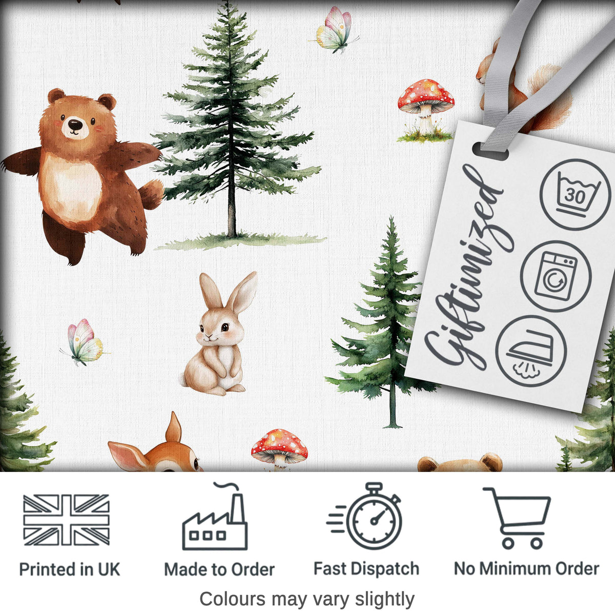 Woodland Animals Bear Deer Bunny Trees Mushrooms Butterfly Seamless Pattern Digital Print Fabric by the Metre UK Sewing Quilting Textile