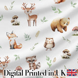 Cute Woodland Deer Bear Fox Owl Raccoon Leaves Mushrooms Seamless Pattern Digital Print Fabric by the Metre UK Sewing Quilting Textile