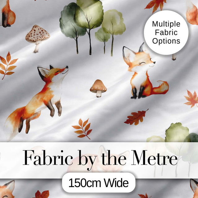 Cute Forest Fox Autumn Leaves Trees Mushrooms Woodland Animals Seamless Pattern Digital Print Fabric by the Metre UK Sewing Quilting Textile