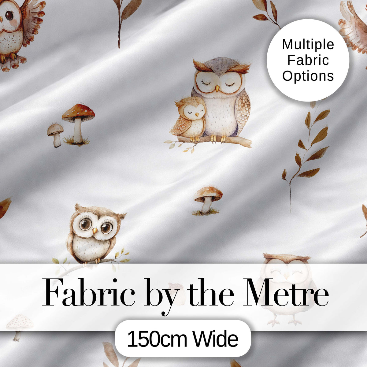 Cute Owls Sitting on Branch Woodland Leaves Mushrooms Seamless Pattern Digital Print Fabric by the Metre UK Sewing Quilting Textile
