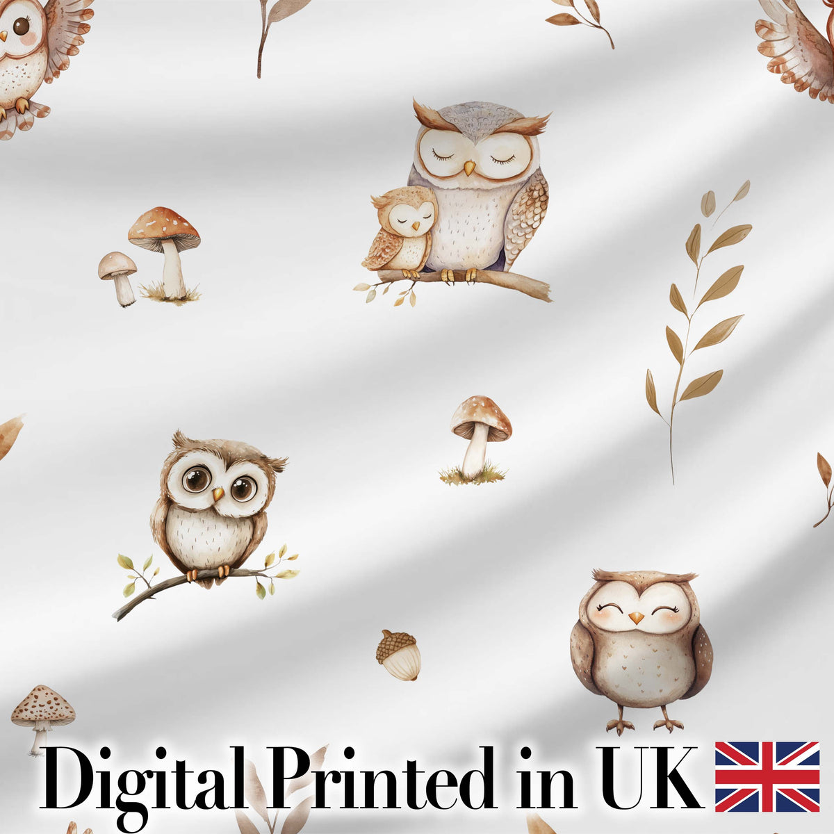 Cute Owls Sitting on Branch Woodland Leaves Mushrooms Seamless Pattern Digital Print Fabric by the Metre UK Sewing Quilting Textile