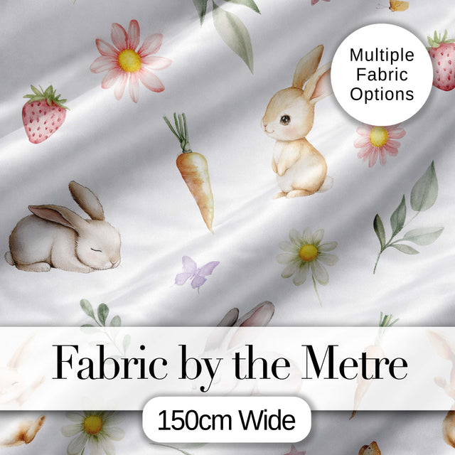 Cute Bunny Rabbits Carrots Flowers Spring Garden Seamless Pattern Digital Print Fabric by the Metre UK Sewing Quilting Textile