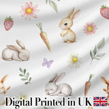 Cute Bunny Rabbits Carrots Flowers Spring Garden Seamless Pattern Digital Print Fabric by the Metre UK Sewing Quilting Textile