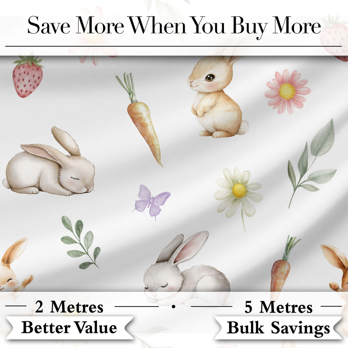 Cute Bunny Rabbits Carrots Flowers Spring Garden Seamless Pattern Digital Print Fabric by the Metre UK Sewing Quilting Textile