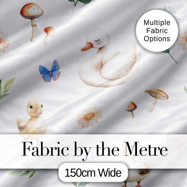 Swan Duckling Butterflies Flowers Mushrooms Soft Watercolor Seamless Pattern Digital Print Fabric by the Metre UK Sewing Quilting Textile