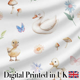 Swan Duckling Butterflies Flowers Mushrooms Soft Watercolor Seamless Pattern Digital Print Fabric by the Metre UK Sewing Quilting Textile