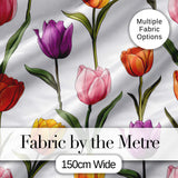 Colorful Tulip Flowers White Background Spring Floral Seamless Pattern Digital Print Fabric by the Metre UK Sewing Quilting Textile
