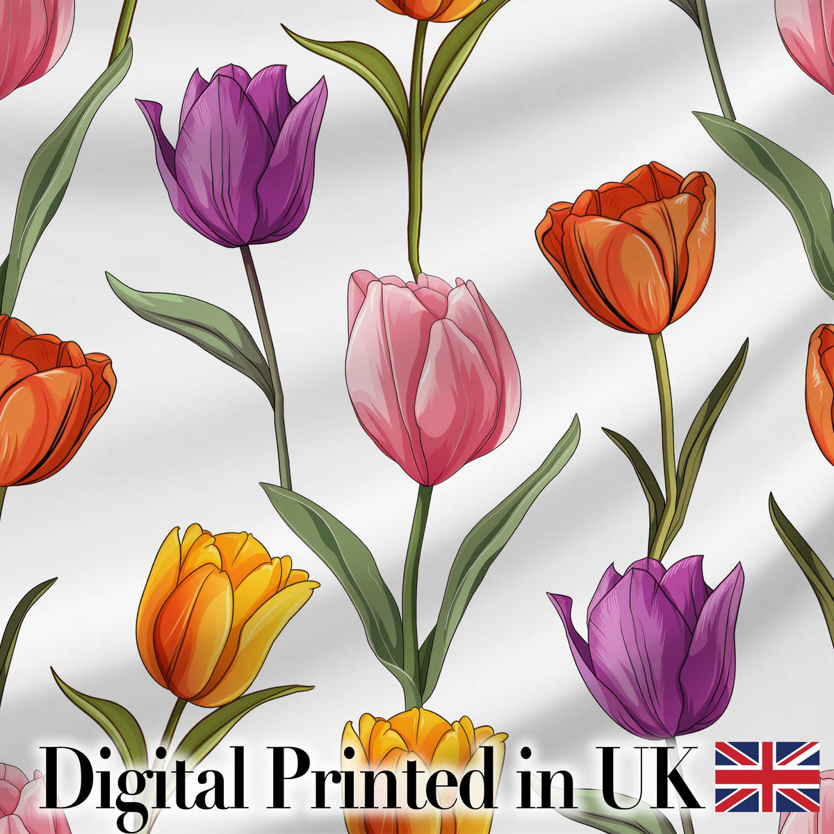 Colorful Tulip Flowers White Background Spring Floral Seamless Pattern Digital Print Fabric by the Metre UK Sewing Quilting Textile