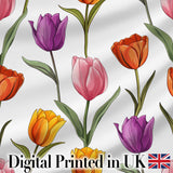 Colorful Tulip Flowers White Background Spring Floral Seamless Pattern Digital Print Fabric by the Metre UK Sewing Quilting Textile