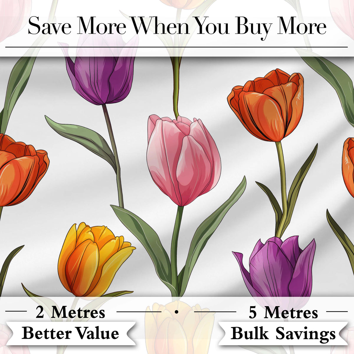 Colorful Tulip Flowers White Background Spring Floral Seamless Pattern Digital Print Fabric by the Metre UK Sewing Quilting Textile