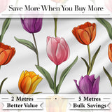 Colorful Tulip Flowers White Background Spring Floral Seamless Pattern Digital Print Fabric by the Metre UK Sewing Quilting Textile