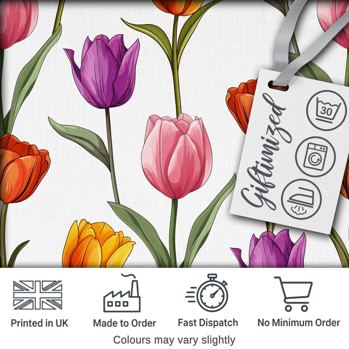 Colorful Tulip Flowers White Background Spring Floral Seamless Pattern Digital Print Fabric by the Metre UK Sewing Quilting Textile