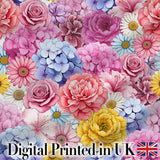 Elegant Pink Floral Roses Peony Hydrangea Seamless Pattern Digital Print Fabric by the Metre UK Sewing Quilting Textile