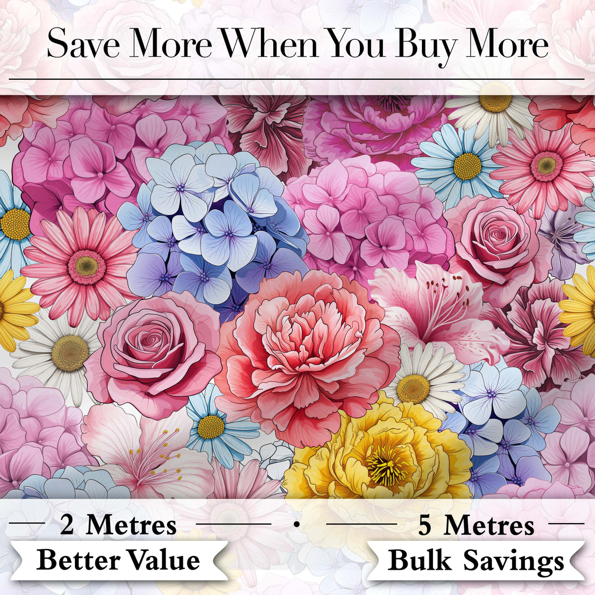 Elegant Pink Floral Roses Peony Hydrangea Seamless Pattern Digital Print Fabric by the Metre UK Sewing Quilting Textile